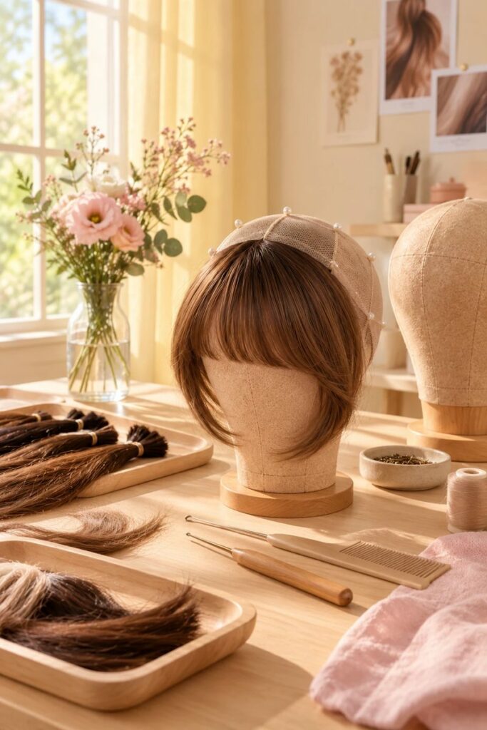 Atelier: teste di lavoro e ciocche di capelli naturali