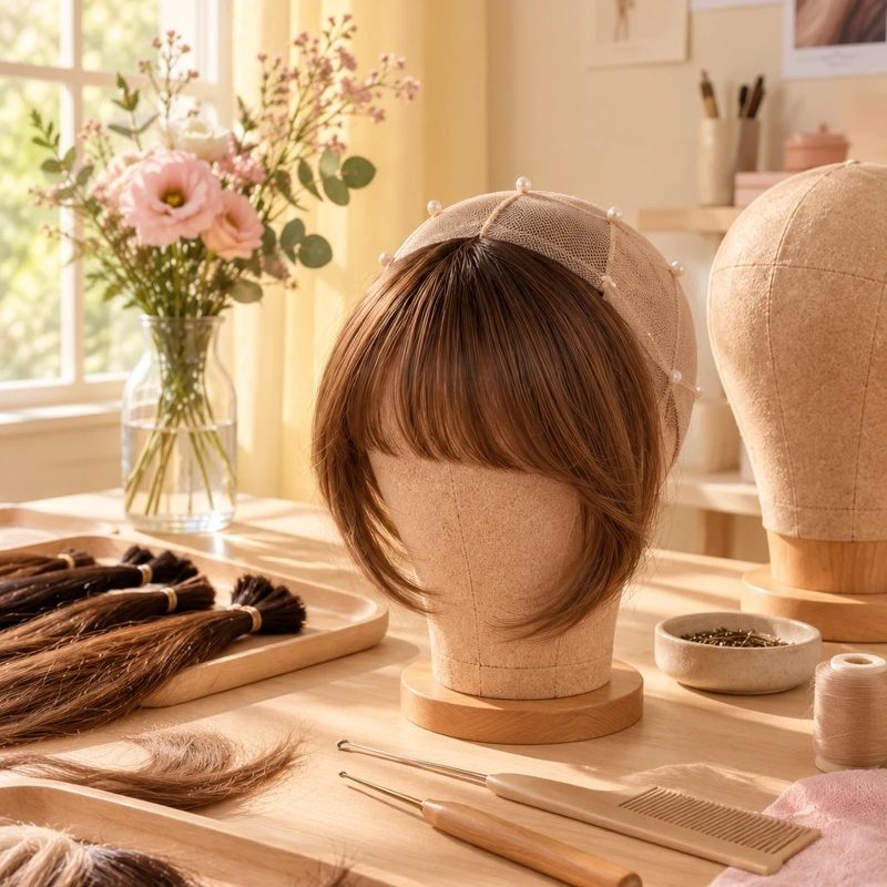 L'atelier: testa di lavoro con una frangia e ciocche di capelli naturali
