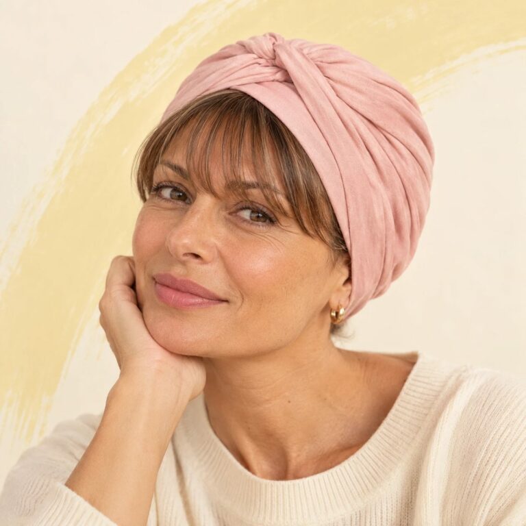 Frangia sotto un turbante rosa