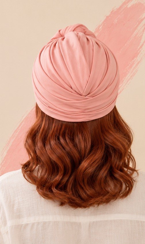 Capelli naturali ramati sotto il turbante rosa, vista da dietro
