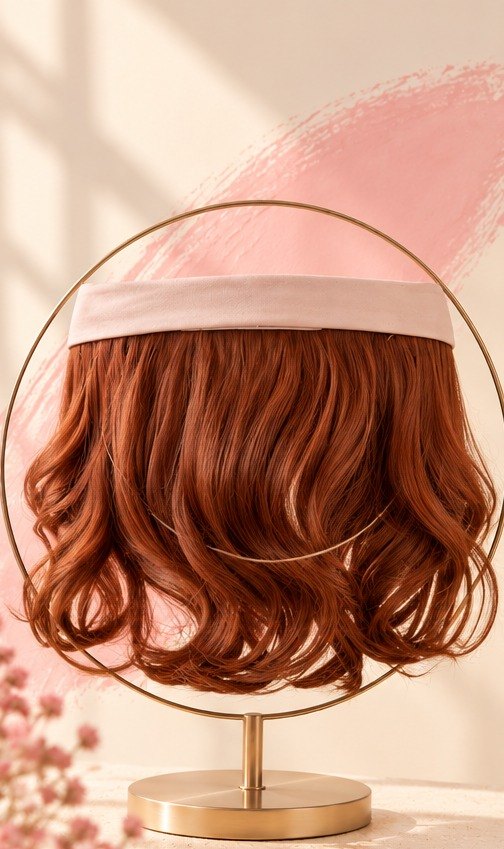 Corona di capelli naturali ramati sulla sua fascia, vista davanti
