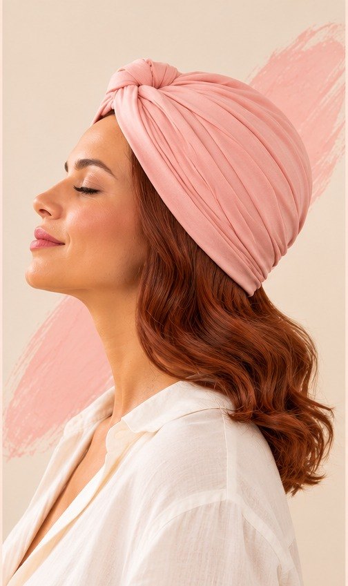 Donna con turbante rosa e capelli naturali ramati, vista di profilo