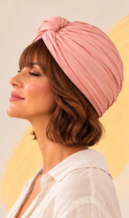 Corona 100% con frangia, capelli a caschetto sotto il turbante