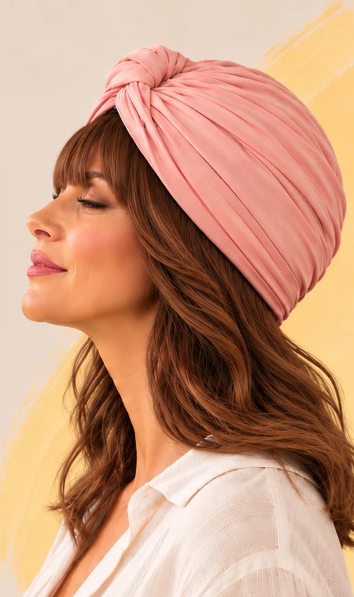 Corona 100% con frangia, capelli sotto le spalle sotto il turbante